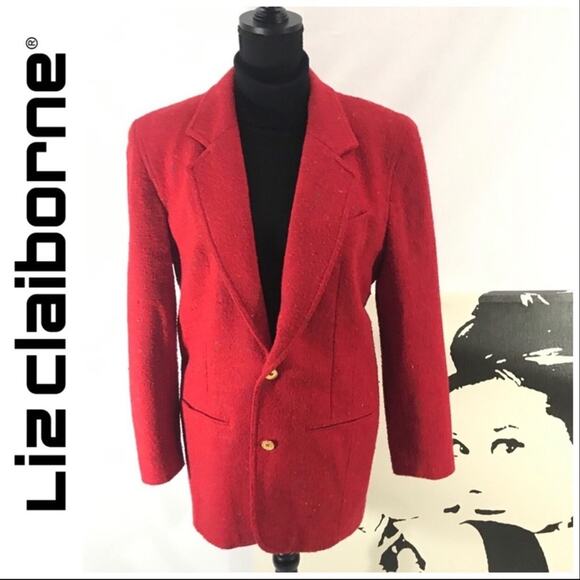 LIZ CLAIBORNE🎄VINTAGE 80s Red Long Blazer multicolor flecks and Shoulder Pads 10 - Picture 6 of 15
